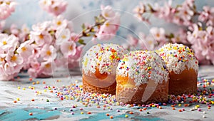 Close up of Easter cake on blue background with flowers