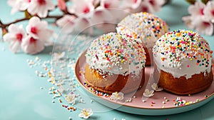 Close up of Easter cakes on blue background