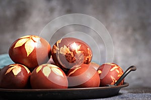 Close up of Easter eggs dyed with onion peels