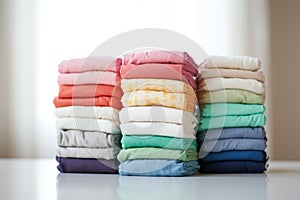 close-up of eco-friendly cloth diapers stacked in various colors