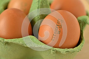 Close-up of eggs with expiration date