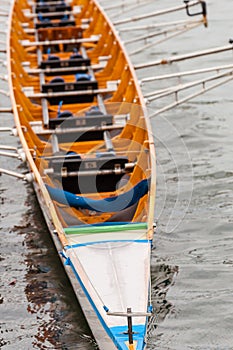 Close-up of an eight that is a rowing boat used in the sport of competitive rowing. It is designed for eight rowers, who propel