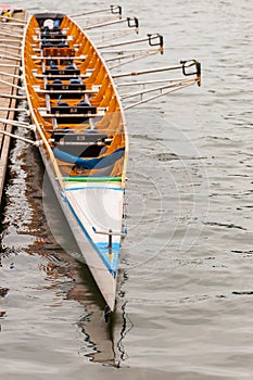 Close-up of an eight that is a rowing boat used in the sport of competitive rowing. It is designed for eight rowers, who propel