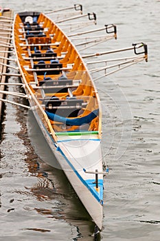 Close-up of an eight that is a rowing boat used in the sport of competitive rowing. It is designed for eight rowers, who propel