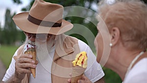 Close-up. An elderly married couple eats ice cream in waffle cups while standing on a sunny summer day in a city park