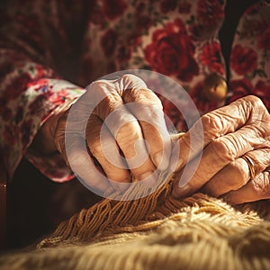 Close-up of elderly woman hands using needle and thread to mend a pants. Old woman with wrinkled hands repairs old