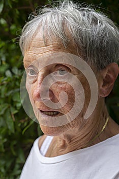 Close up of elderly woman, worried, scared, anxious