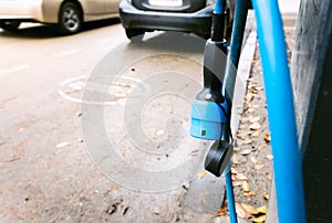 Close up of electric car charging hose end empty emobility parking spot photo