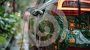 Close-up of electric car charging port, an electro car in the street charging