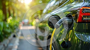 Close-up of electric car charging port, an electro car in the street charging