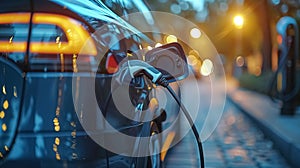 Close-up of electric car charging port, an electro car in the street charging