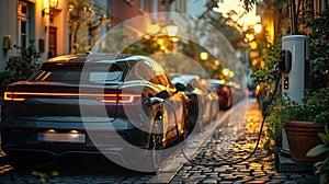 Close-up of electric car charging port, an electro car in the street charging