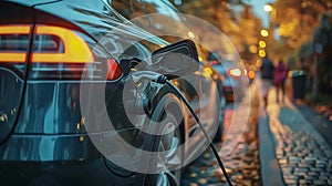 Close-up of electric car charging port, an electro car in the street charging