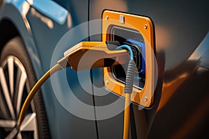 close-up of electric car's charging port, with cable plugged in