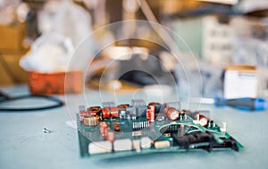 Close-up electric green embedded microcircuits in production