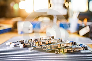 Close-up electric green embedded microcircuits in production