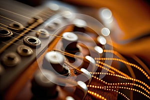 close-up of electric guitar strings, with hum and twang audible