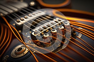 close-up of electric guitar strings, with the hum and twang of the instrument audible