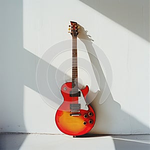 a close up of an electric guitar on the wall by a window