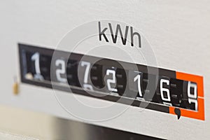 Close up of electric meter reader showing used kWh in private residential home