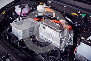 Close Up Of Electric Motor In Engine Bay Of Environmentally Friendly Zero Emission Electric Car photo