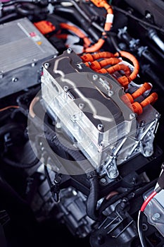 Close Up Of Electric Motor In Engine Bay Of Environmentally Friendly Zero Emission Electric Car