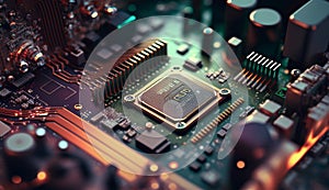 Close up of an electrical circuit board with a CPU and microchip