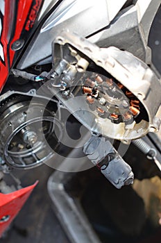 close up electrical motorcycle macine during fixing