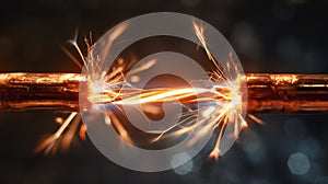 Close-up of electrical sparks between two copper cables against a dark background