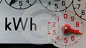 A close-up of an electricity meter kWh symbol and red numbered dial.