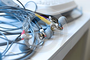 Close-up electrodes of a medical electrocardiograph for ECG removal