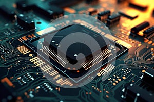 Close-up of an electronic board with a processor or chip. Development of computer technologies. Modern electronics production