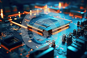 Close-up of an electronic board with a processor or chip. Development of computer technologies. Modern electronics production