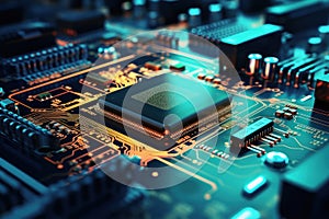 Close-up of an electronic board with a processor or chip. Development of computer technologies. Modern electronics production
