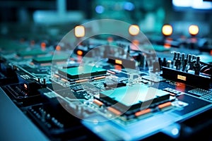 Close-up of an electronic board with a processor or chip. Development of computer technologies. Modern electronics production