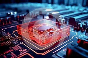 Close-up of an electronic board with a processor or chip. Development of computer technologies. Modern electronics production