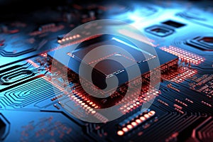 Close-up of an electronic board with a processor or chip. Development of computer technologies. Modern electronics production