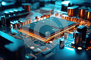 Close-up of an electronic board with a processor or chip. Development of computer technologies. Modern electronics production