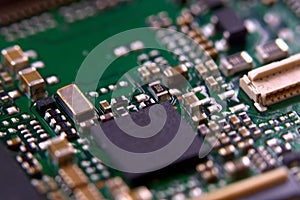 Close-up of electronic circuit board with microcircuits and components
