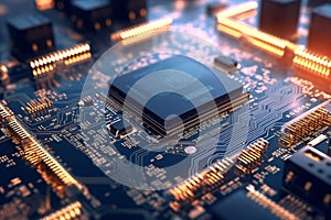 Close up of electronic circuit board with processor. 3d rendering