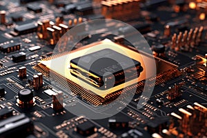 Close up of electronic circuit board with processor. 3d rendering