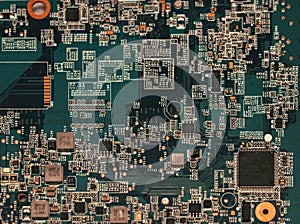 Close-up of electronic circuit board with processor of computer motherboard.