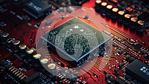Close-up of electronic circuit board with processor and microchips