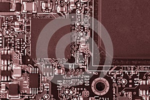 Close-up of electronic circuit board with processor Toned image