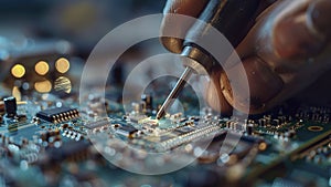 repair of a computer, close up of a computer board soldering with soldering iron by technician