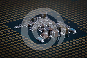 Close-Up of Electronic Circuit Components on a Microchip Surface