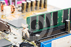 Close up of Electronic Circuits in Technology on Mainboard computer background