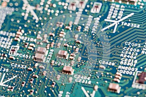 Close up of electronic components on the motherboard, microprocessor chip