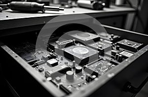 Close-up of Electronic Components and Tools in a Workshop