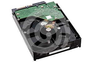 Close up of Electronic hard disk on Mainboard computer on white background.
